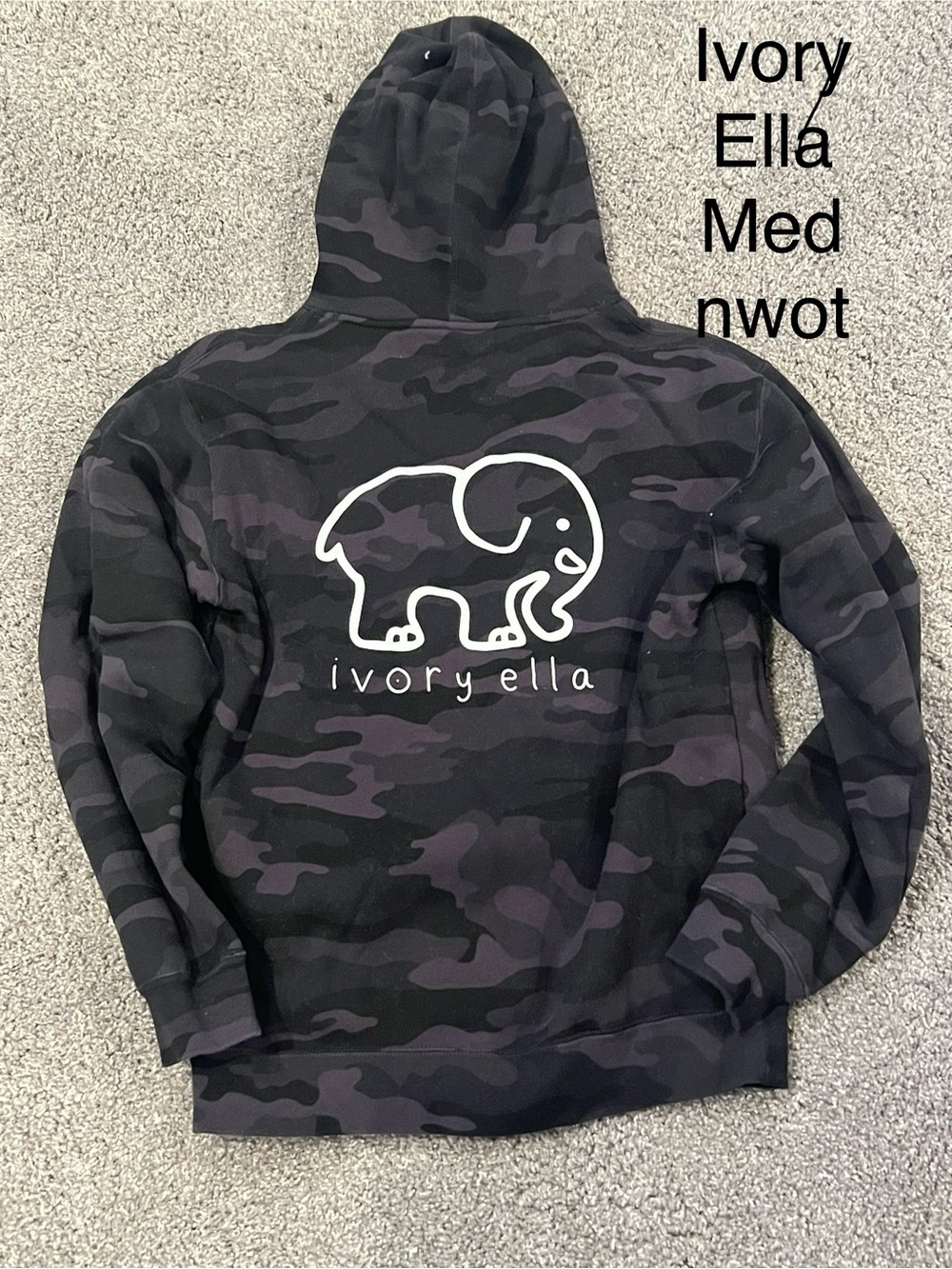 ivory ella Black and Gray Camo Hoodie with White Elephant Logo